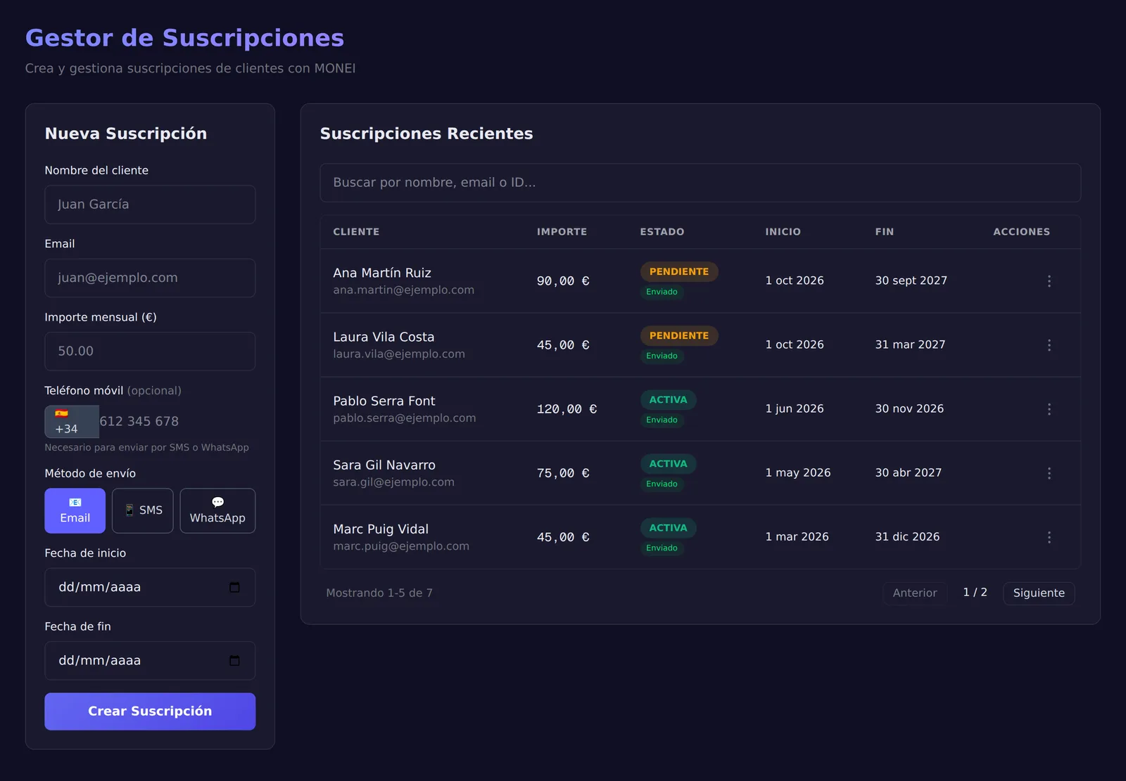 Panel with the new subscription form on the left and the list of fees, with amount, status and dates, on the right